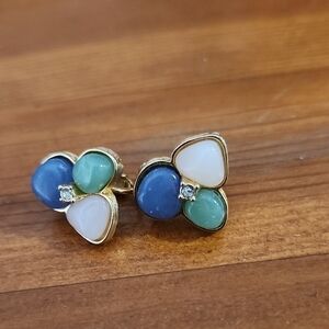 AVON Blue and Green Floral Clip On Earrings with Vintage Design